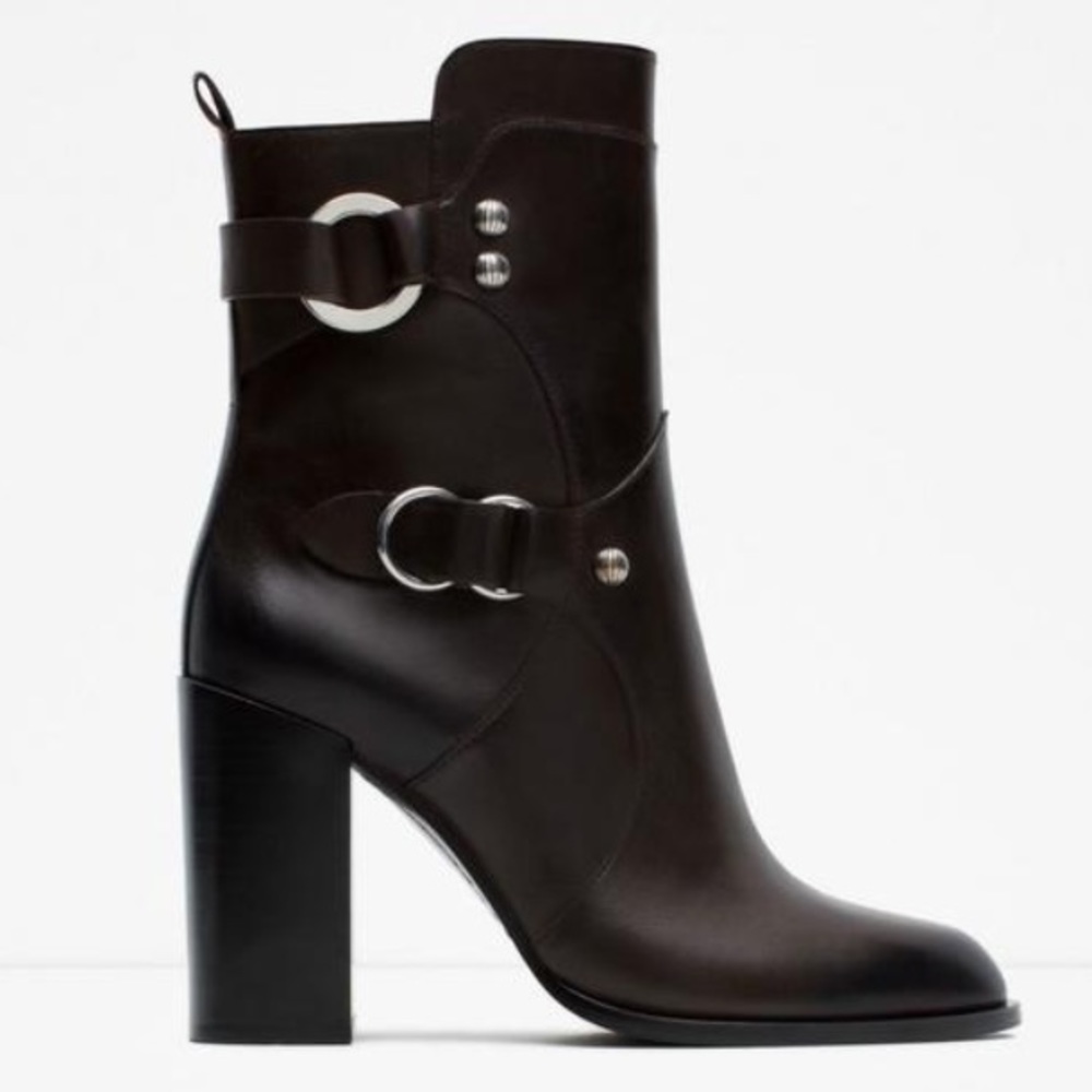 Zara Leather Metal Ring Ankle Heel Boot 6.5 - Picture 2 of 8